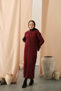 Düğme Detay Triko Elbise Bordo