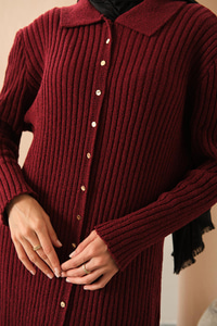 Düğme Detay Triko Elbise Bordo