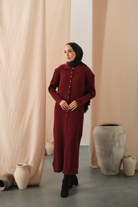 Düğme Detay Triko Elbise Bordo