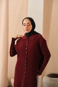 Düğme Detay Triko Elbise Bordo