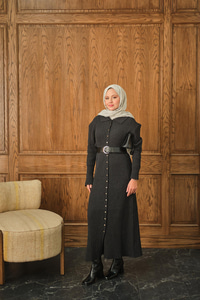 Düğme Detay Triko Elbise Füme