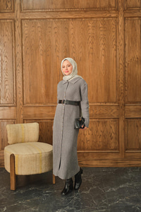 Düğme Detay Triko Elbise Gri