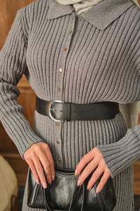 Düğme Detay Triko Elbise Gri