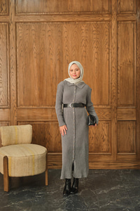 Düğme Detay Triko Elbise Gri