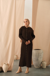 Düğme Detay Triko Elbise Kahverengi