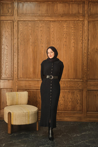 Düğme Detay Triko Elbise Lacivert