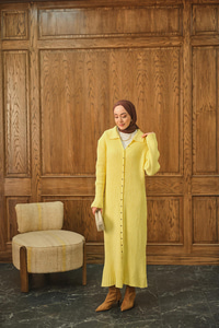 Düğme Detay Triko Elbise Sarı