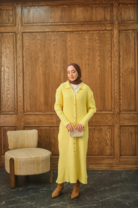 Düğme Detay Triko Elbise Sarı