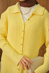 Düğme Detay Triko Elbise Sarı