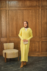 Düğme Detay Triko Elbise Sarı