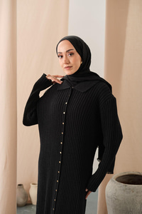 Düğme Detay Triko Elbise Siyah