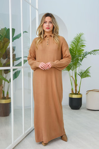 Düğme Detay Triko Elbise Vizon