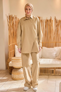 Düğme Detay Yan Bağlamalı Keten Takım Vizon