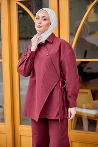 Düğme Detay Yan Bağlamalı Keten Takım Bordo