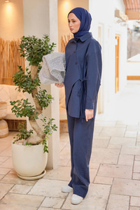 Düğme Detay Yan Bağlamalı Keten Takım Lacivert