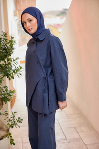 Düğme Detay Yan Bağlamalı Keten Takım Lacivert