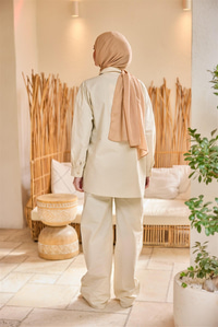 Düğme Detay Yan Bağlamalı Keten Takım Bej