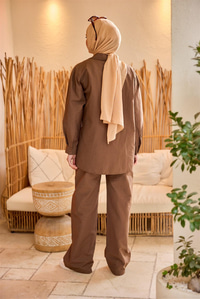 Düğme Detay Yan Bağlamalı Keten Takım Kahverengi