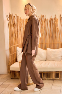 Düğme Detay Yan Bağlamalı Keten Takım Kahverengi