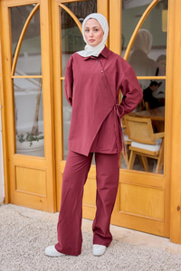 Düğme Detay Yan Bağlamalı Keten Takım Bordo