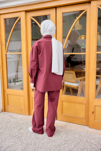 Düğme Detay Yan Bağlamalı Keten Takım Bordo