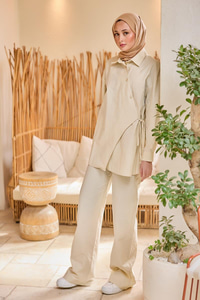 Düğme Detay Yan Bağlamalı Keten Takım Bej