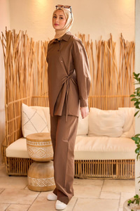 Düğme Detay Yan Bağlamalı Keten Takım Kahverengi