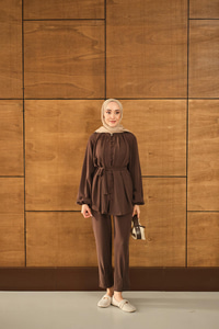 Düğme Detaylı Bel Bağlamalı Takım Kahverengi