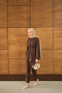 Düğme Detaylı Bel Bağlamalı Takım Kahverengi