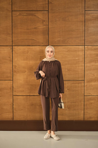 Düğme Detaylı Bel Bağlamalı Takım Kahverengi