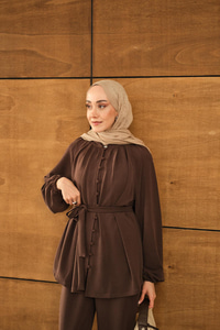 Düğme Detaylı Bel Bağlamalı Takım Kahverengi