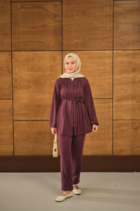 Düğme Detaylı Bel Bağlamalı Takım Mürdüm