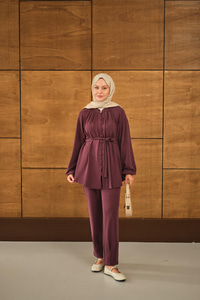 Düğme Detaylı Bel Bağlamalı Takım Mürdüm