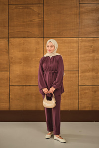 Düğme Detaylı Bel Bağlamalı Takım Mürdüm