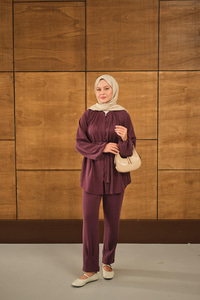 Düğme Detaylı Bel Bağlamalı Takım Mürdüm