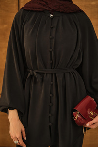 Düğme Detaylı Bel Bağlamalı Takım Siyah