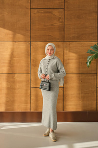 Düğme Detaylı Etekli İkili Takım Gri