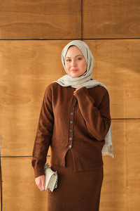 Düğme Detaylı Etekli İkili Takım Kahverengi