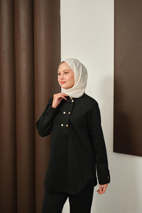 Düğme Detaylı Oval Kesim İkili Takım Siyah