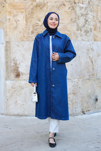 Düğme Detaylı Trençkot Koyu Mavi