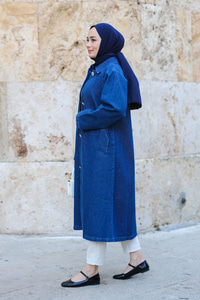 Düğme Detaylı Trençkot Koyu Mavi
