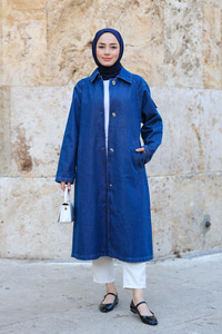 Düğme Detaylı Trençkot Koyu Mavi