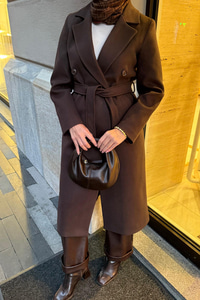 Düğme Ve Bel Bağlamalı Ara Boy Kaşe Kaban Kahverengi