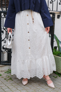 Düğme Ve Dantel Detay Etek Beyaz