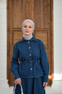 Düğmeli Bel Bağlamalı Kot Takım Lacivert