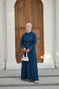 Düğmeli Bel Bağlamalı Kot Takım Lacivert