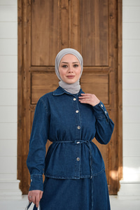 Düğmeli Bel Bağlamalı Kot Takım Lacivert