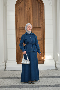 Düğmeli Bel Bağlamalı Kot Takım Lacivert