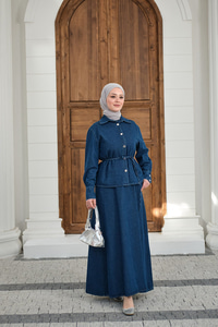 Düğmeli Bel Bağlamalı Kot Takım Lacivert