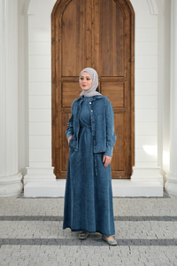 Düğmeli Bel Bağlamalı Kot Takım Yıkama Mavi